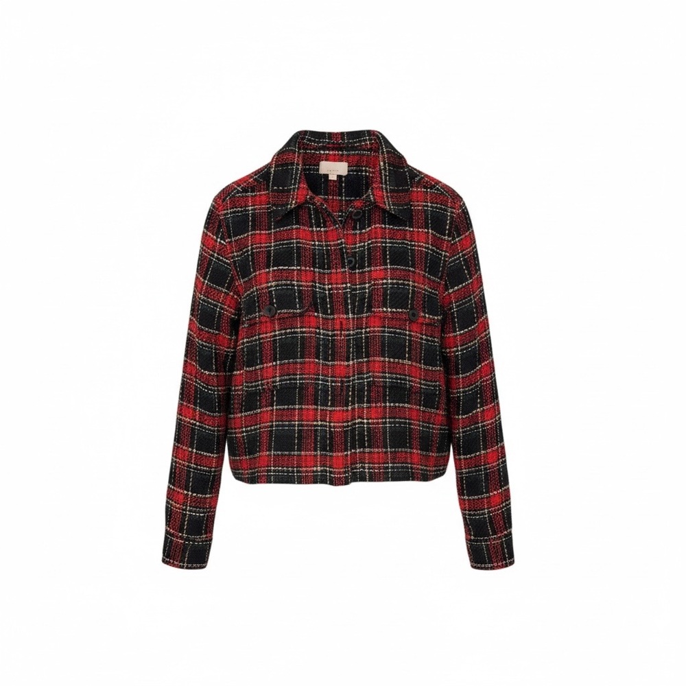 LOFT Red Black Plaid Tweed Jacket Womens Size M Cropped Double Breasted
